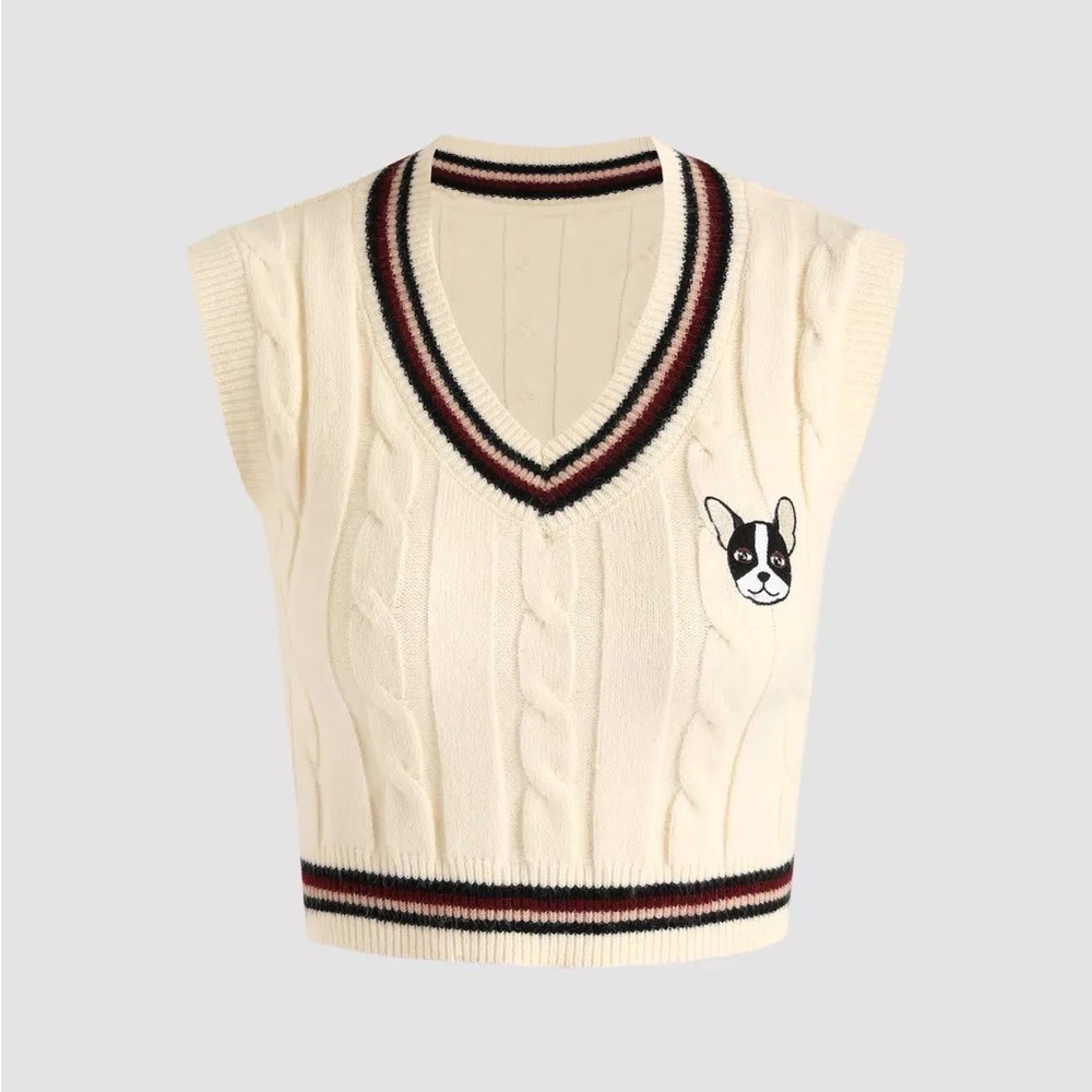 Puppy Embroidered Knitted Vest - Color: Ivory - Length: Crop